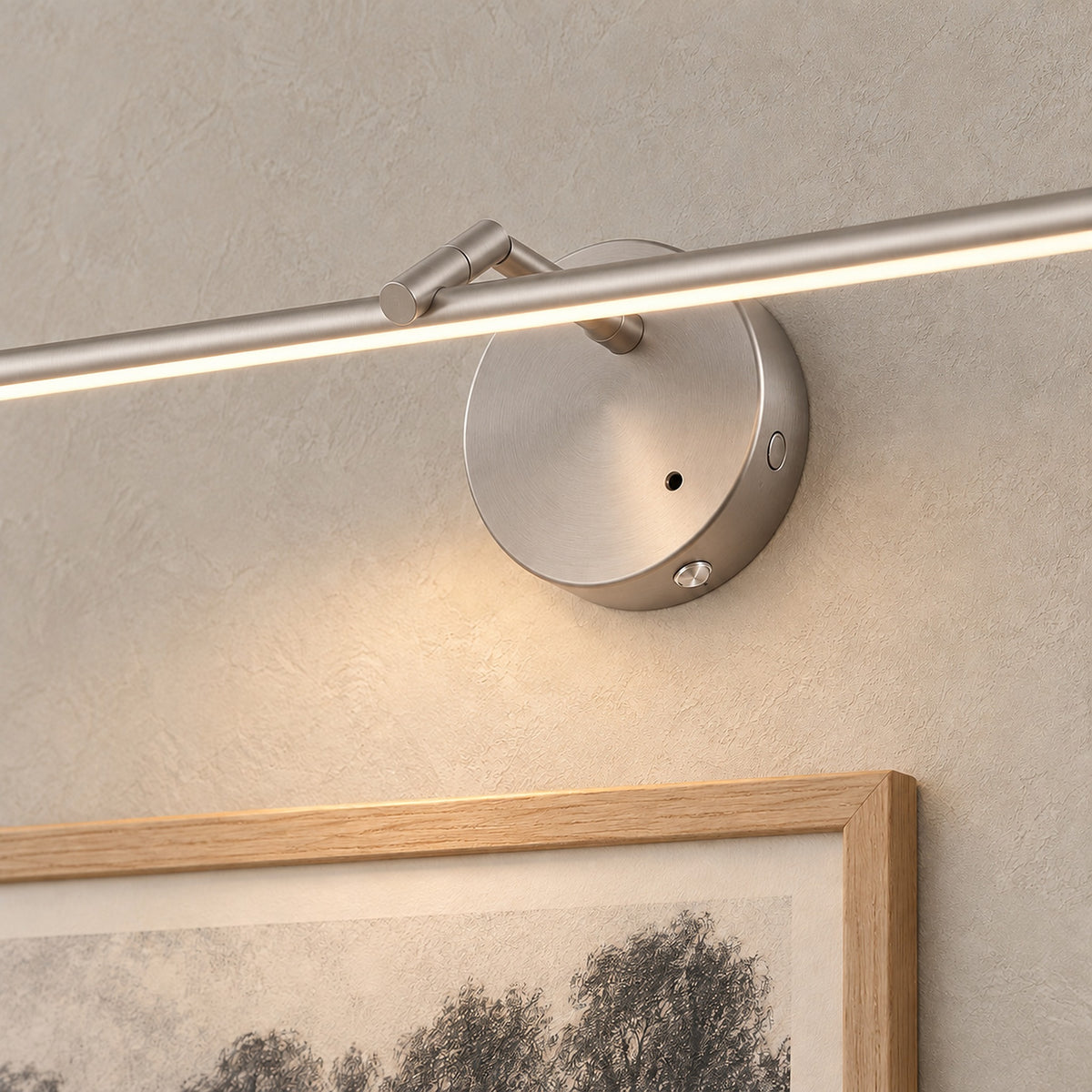Nolesira nickel LED wall sconce close up on the round mounting base and slim edge #color_nickel