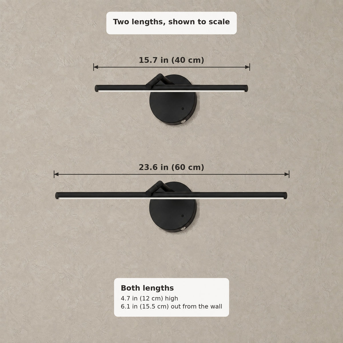 Nolesira wall sconce lengths to scale: 15.7 in (40 cm) and 23.6 in (60 cm), both 4.7 in (12 cm) high