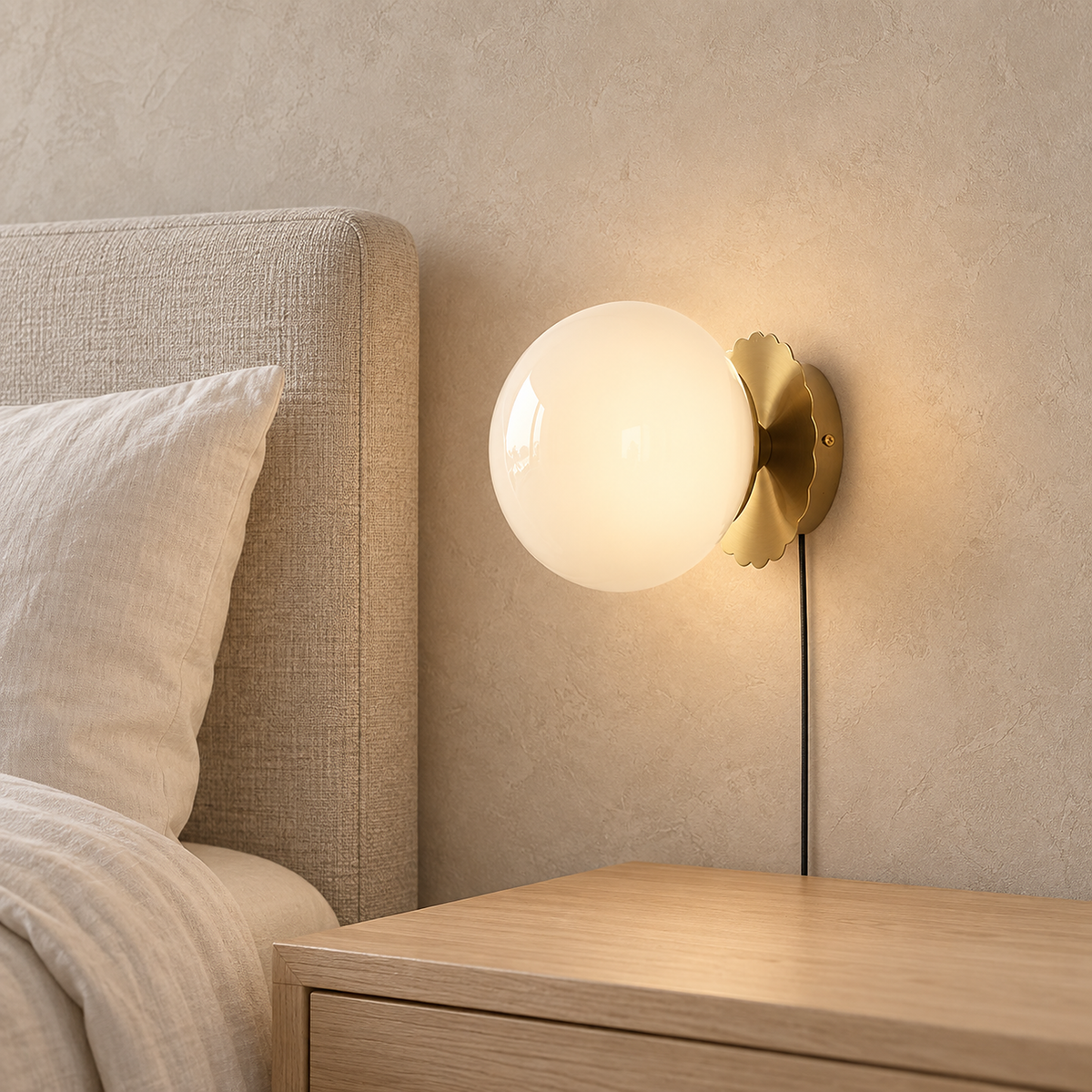 Novirela gold and white wall sconce lit above a clear nightstand in a daytime bedroom