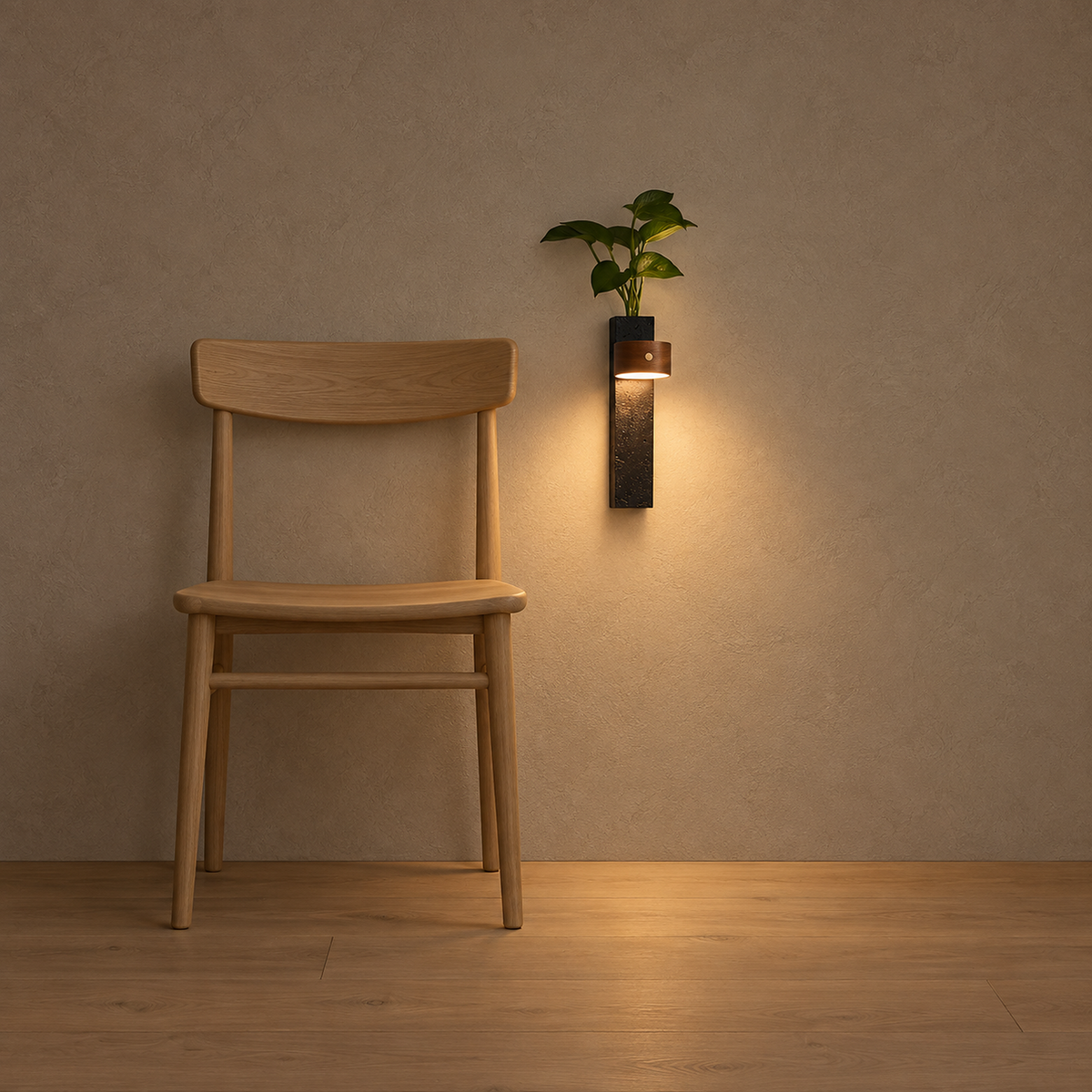Nuvelira rechargeable wall sconce in dark walnut & black travertine glowing with its built in planter in a dining room