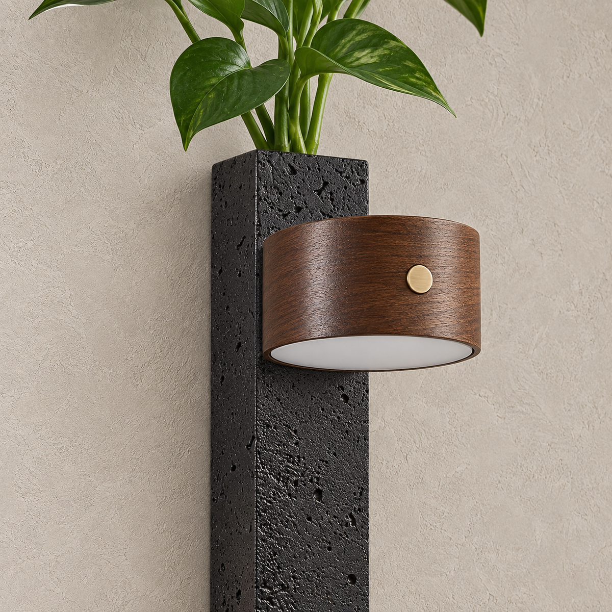 Nuvelira rechargeable wall sconce in dark walnut & black travertine unlit showing the white acrylic diffuser edge