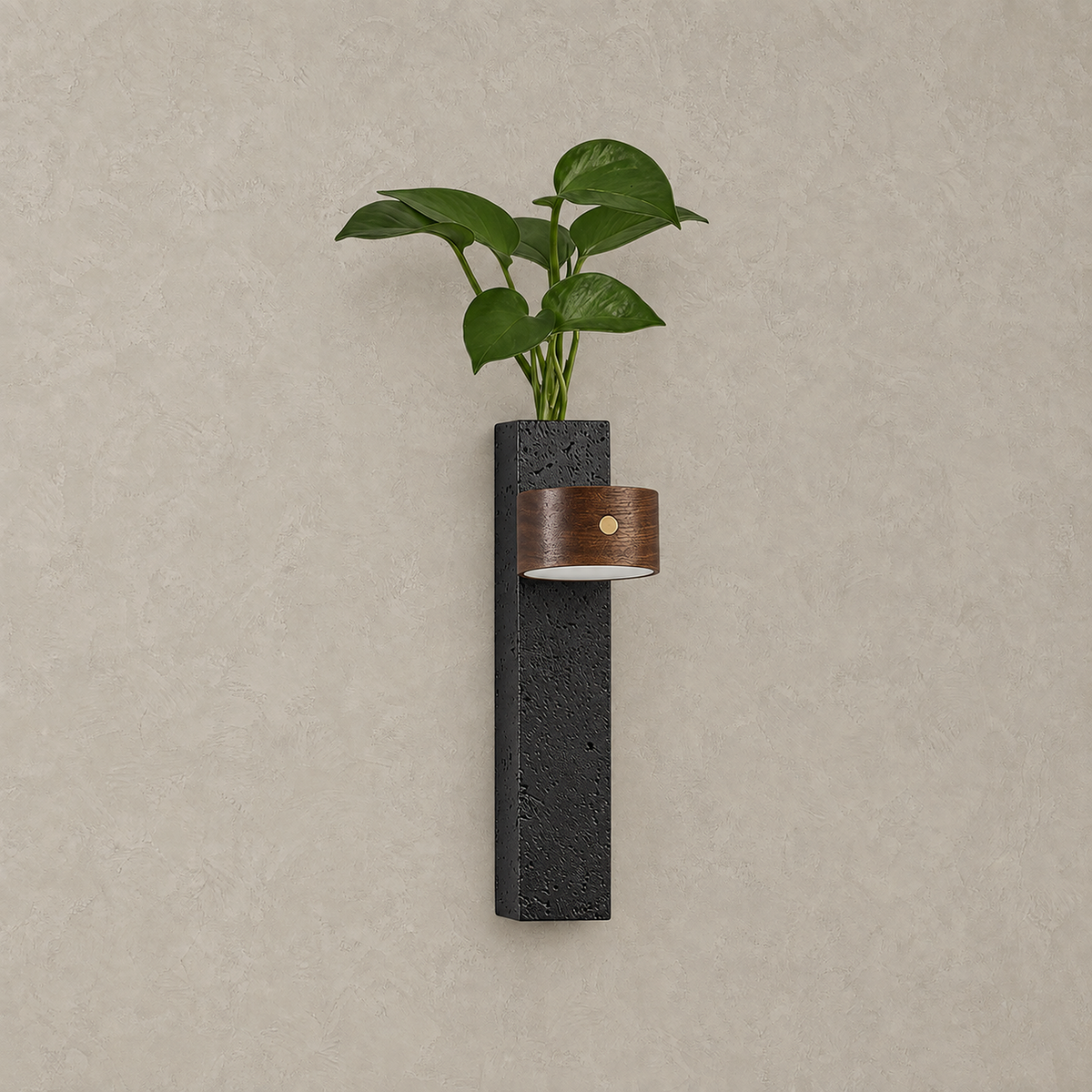 Nuvelira rechargeable wall sconce in dark walnut & black travertine unlit with greenery in the top planter