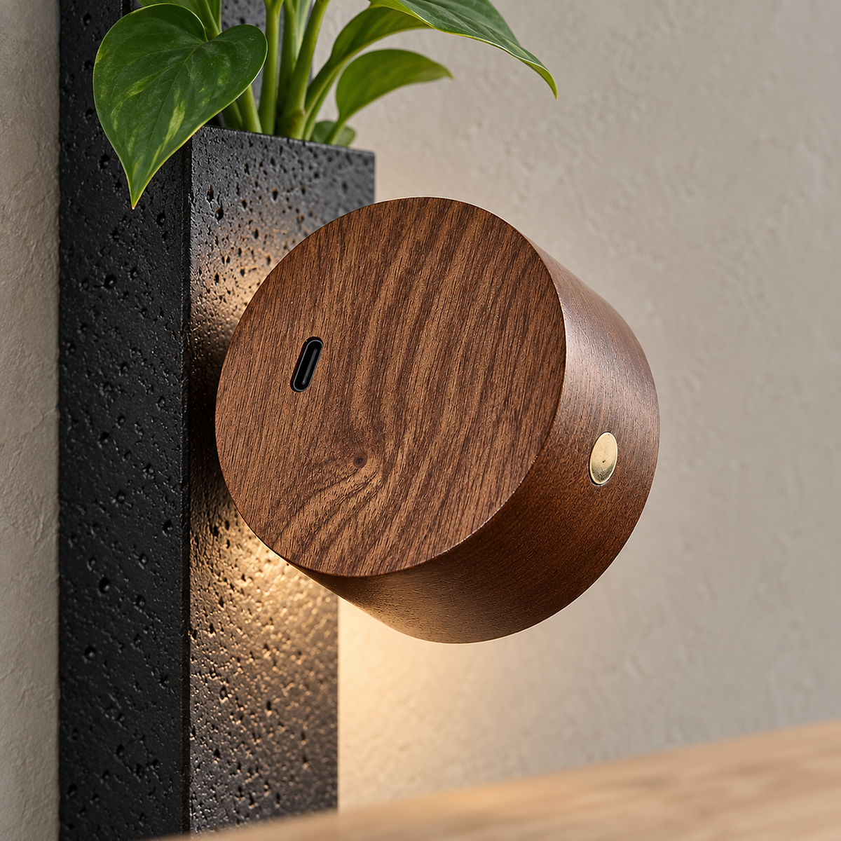 Nuvelira wireless wall light in dark walnut & black travertine close up on the walnut head