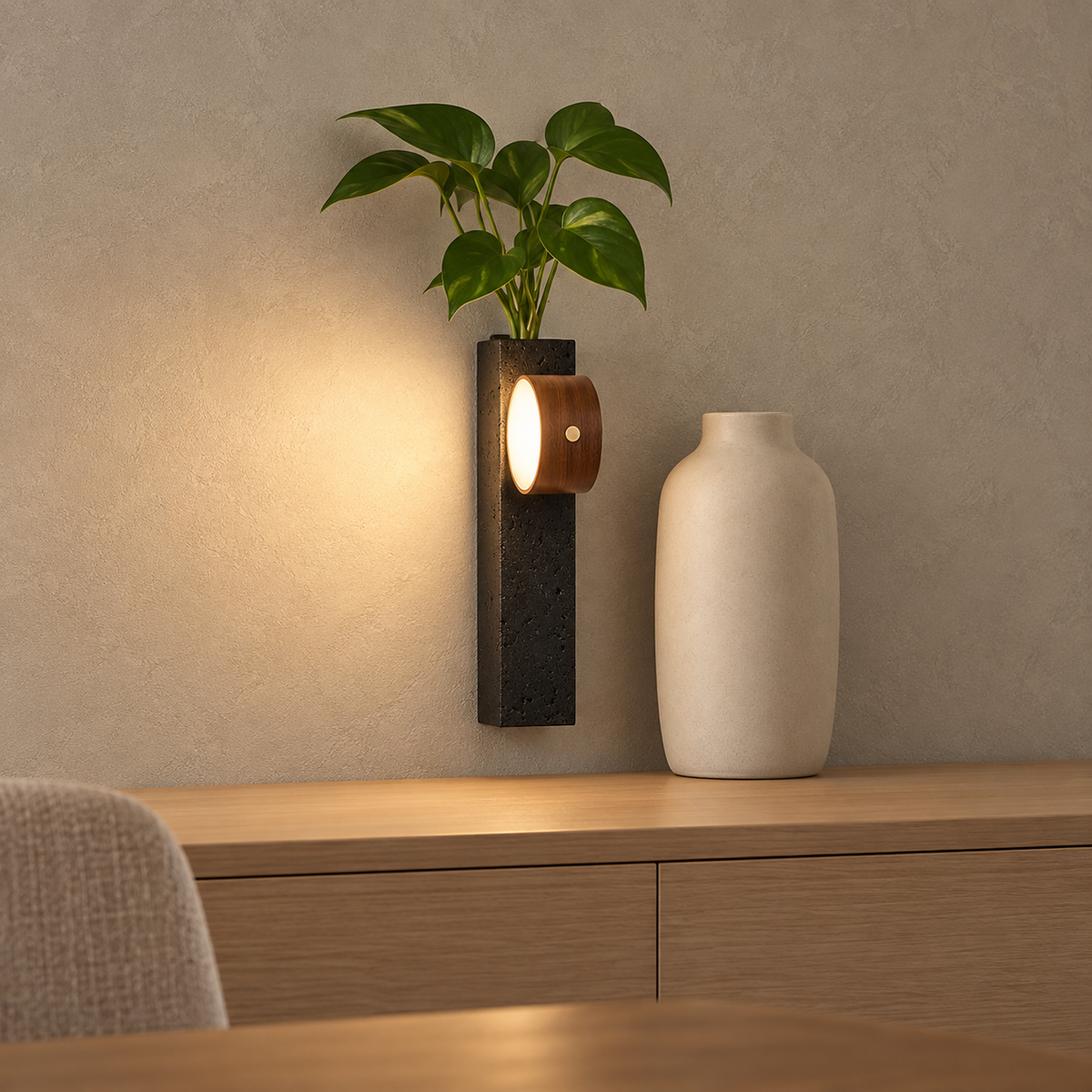 Nuvelira wireless wall light in dark walnut & black travertine glowing sideways beside a vase in the dining room