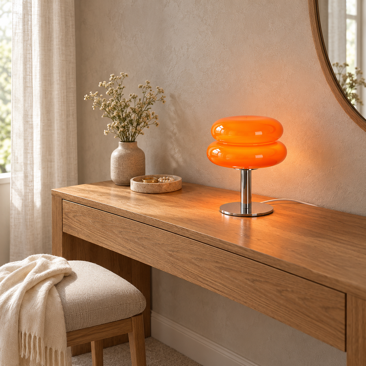 Olimena bedside lamp in orange glowing against neutral dressing room textiles #color_orange