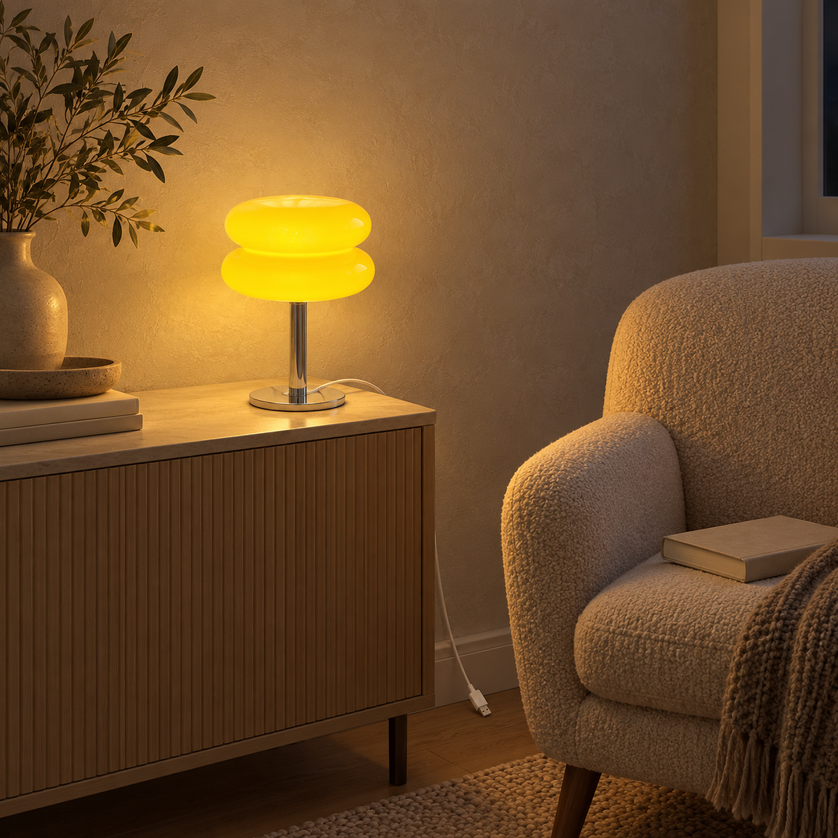 Olimena glass table lamp in buttercream warming a library corner in late afternoon #color_buttercream