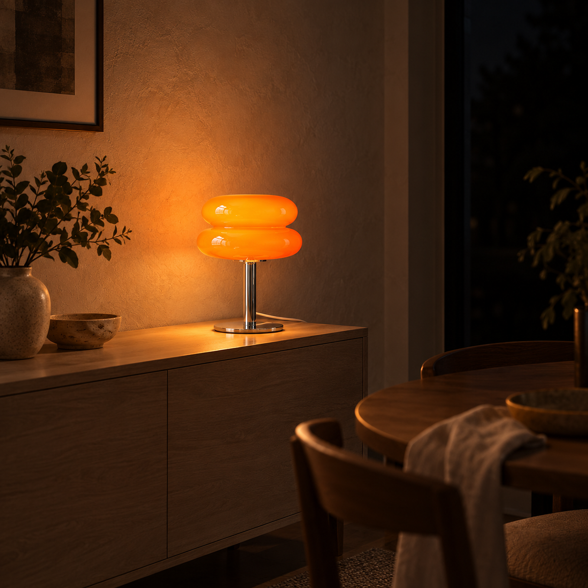 Olimena glass table lamp in orange casting an evening glow over a dining table #color_orange