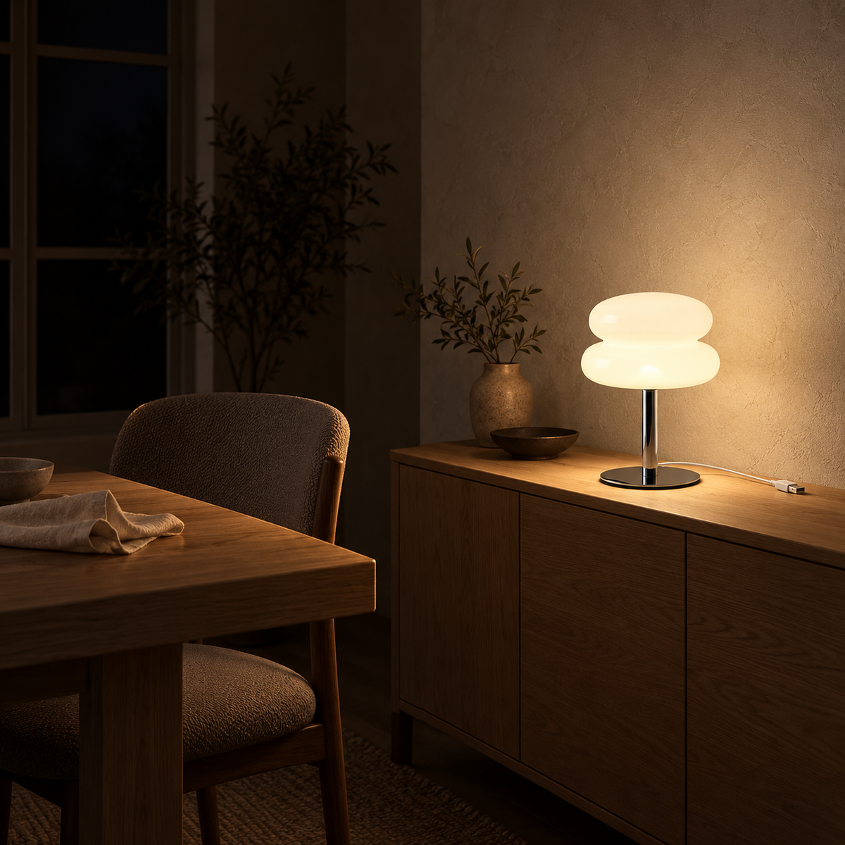Olimena glass table lamp in pearl casting soft evening light across a dining table at night