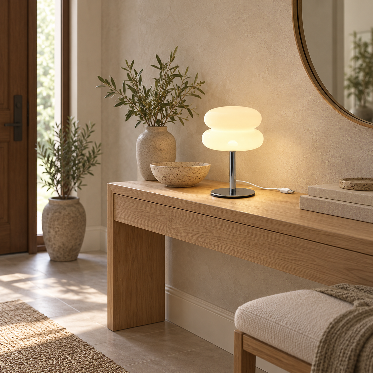 Olimena glass table lamp in pearl with its rounded glass shade glowing softly in an entryway