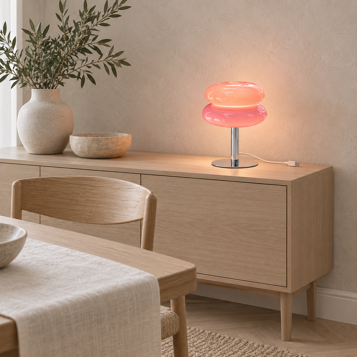 Olimena table lamp in blush glowing on a dining table beside a chair in daylight #color_blush