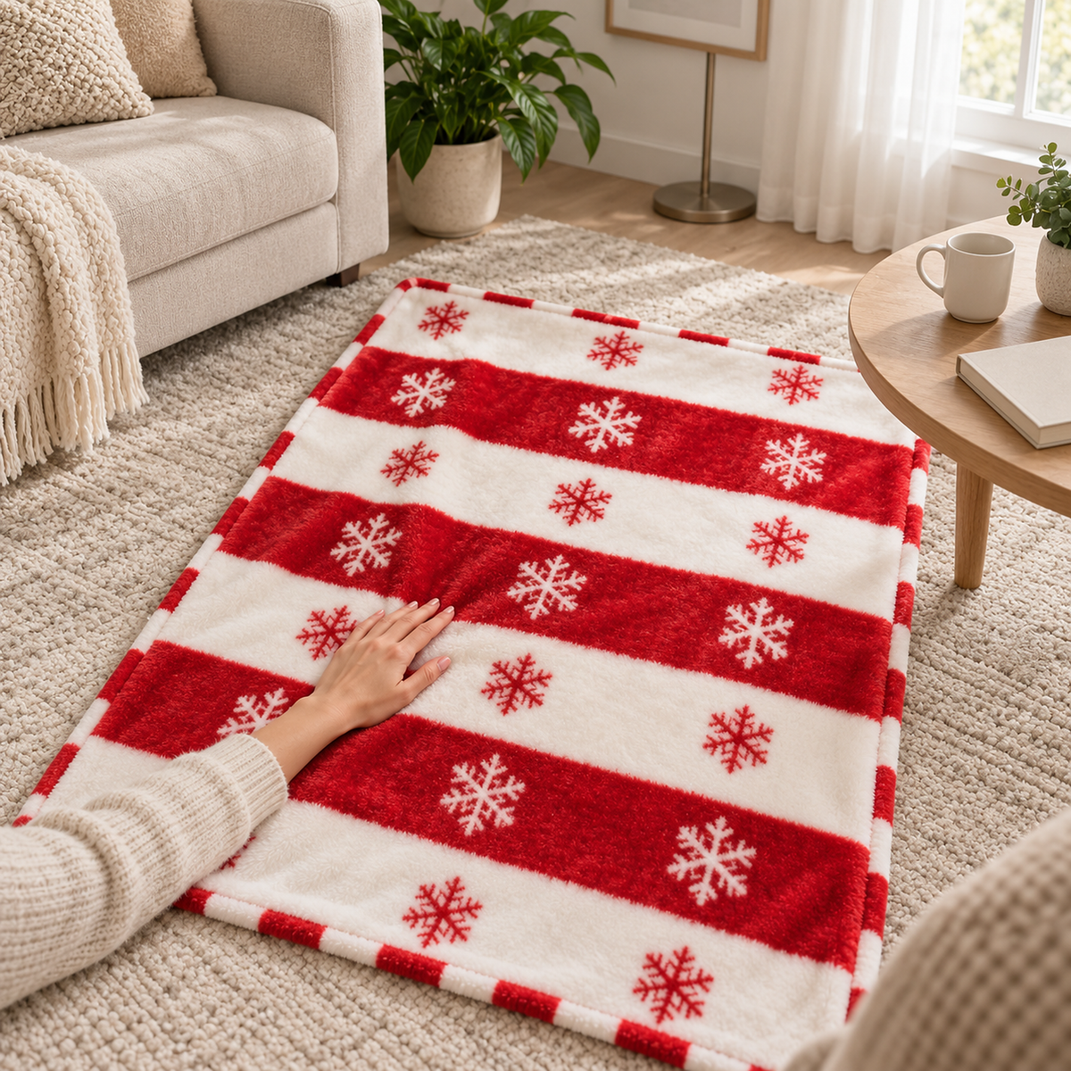 Olmarin striped snowflake christmas throw blanket in red and white flannel pressed under an adult hand