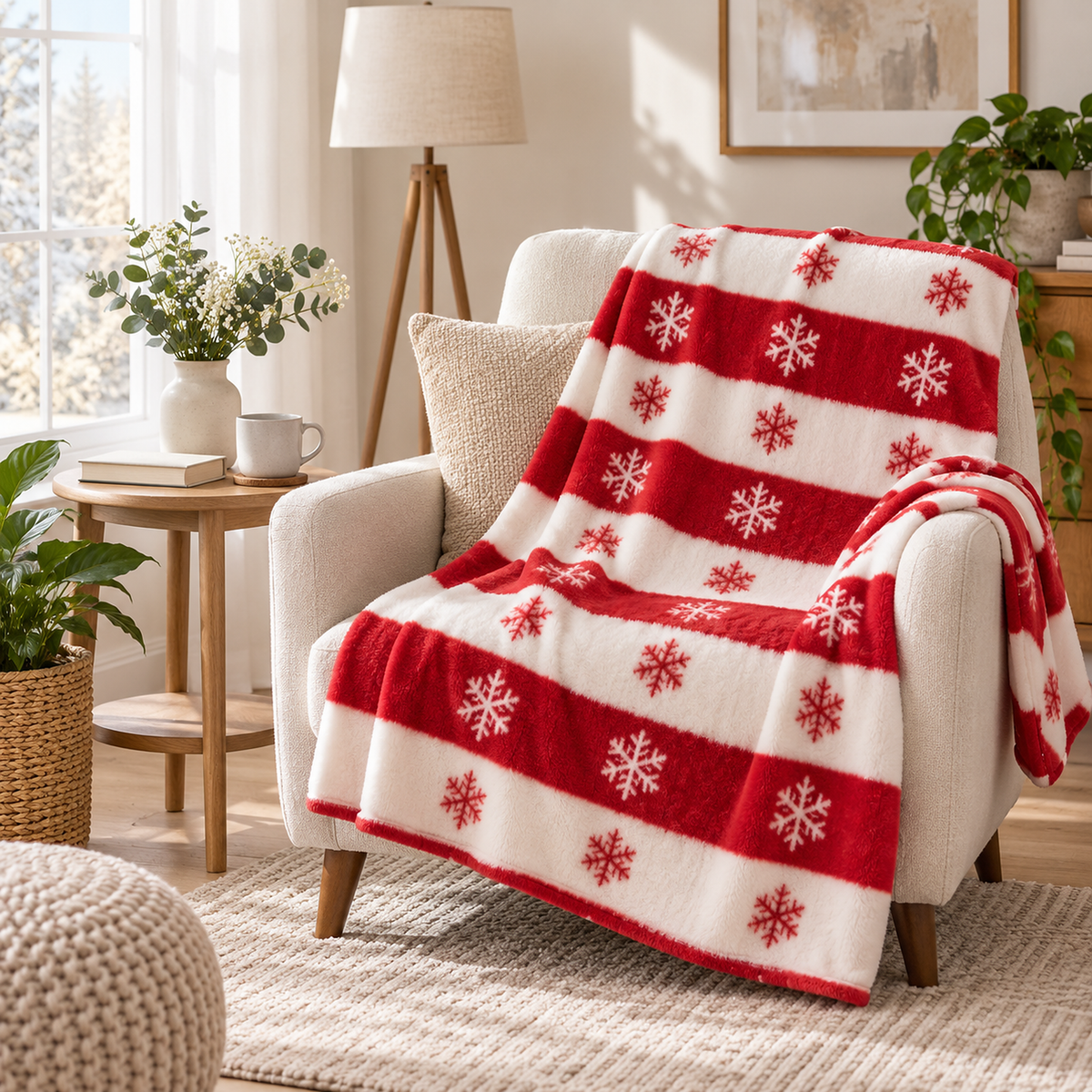 Olmarin red and white striped snowflake plush throw blanket draped over a cream armchair