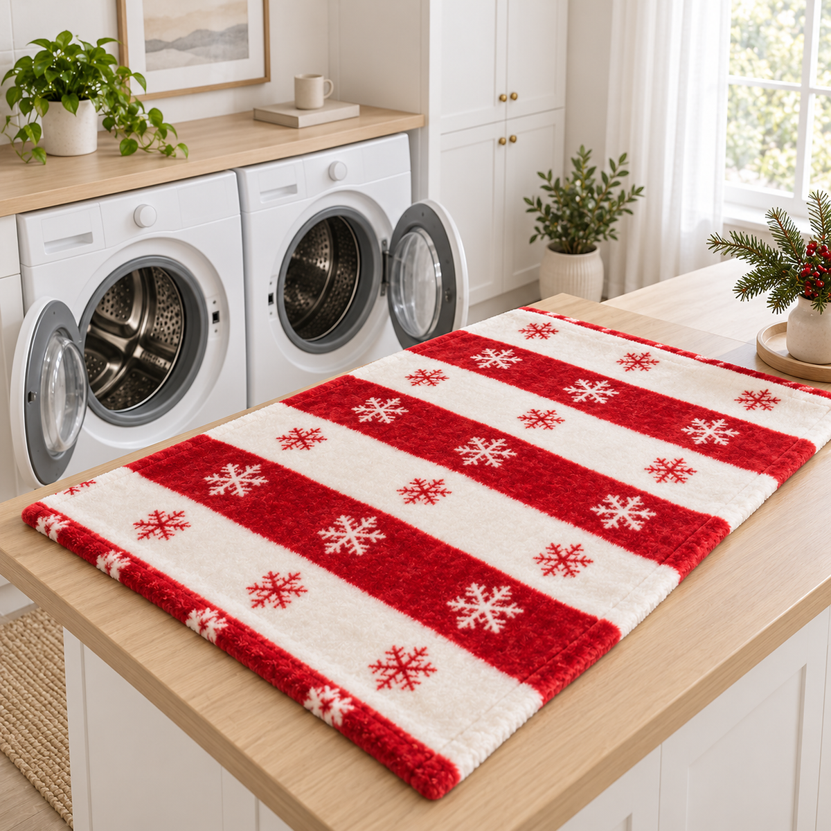 Olmarin striped snowflake throw blanket in red and white ready for a cold gentle wash beside laundry machines