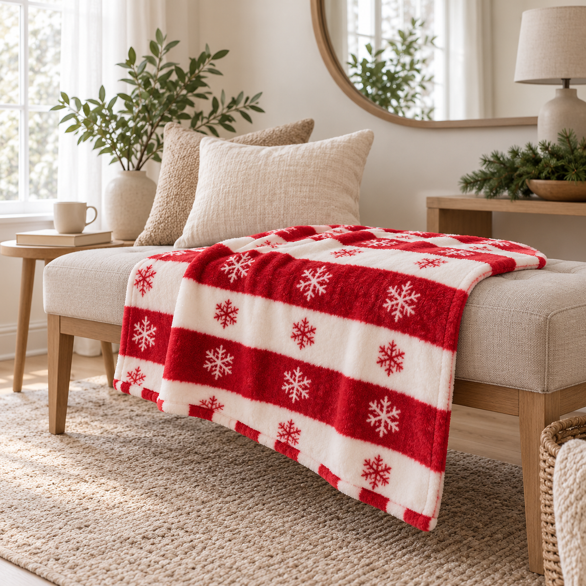 Olmarin striped snowflake throw blanket in red and white showing the flannel along a bench edge