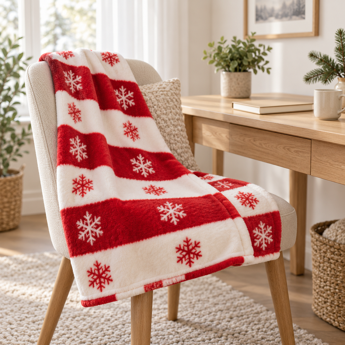 Olmarin striped snowflake throw blanket in red and white with a printed corner and fabric edge in daylight