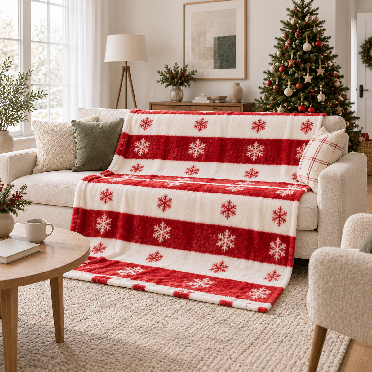 Olmarin red and white striped snowflake throw blanket for couch draped over a cream sofa to the floor