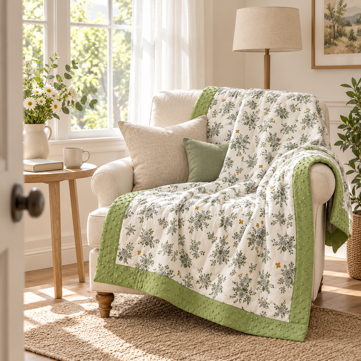 Olmesa floral cotton summer quilt, white and green cotton throw blanket over an armchair in a bright study nook