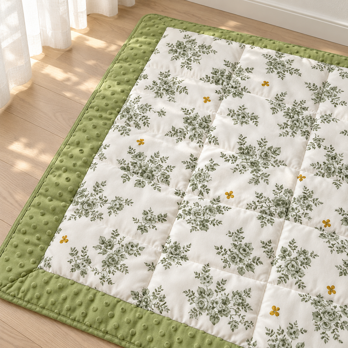 Olmesa floral cotton summer quilt, white and green cotton throw blanket up close, green bouquets with yellow accents