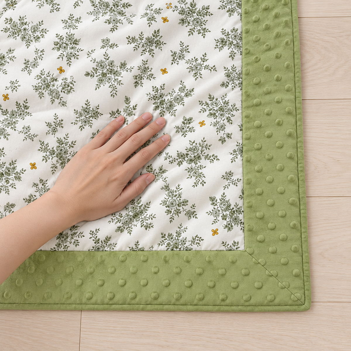 Olmesa floral cotton summer quilt, white and green soft throw blanket under a resting hand by the green dotted border