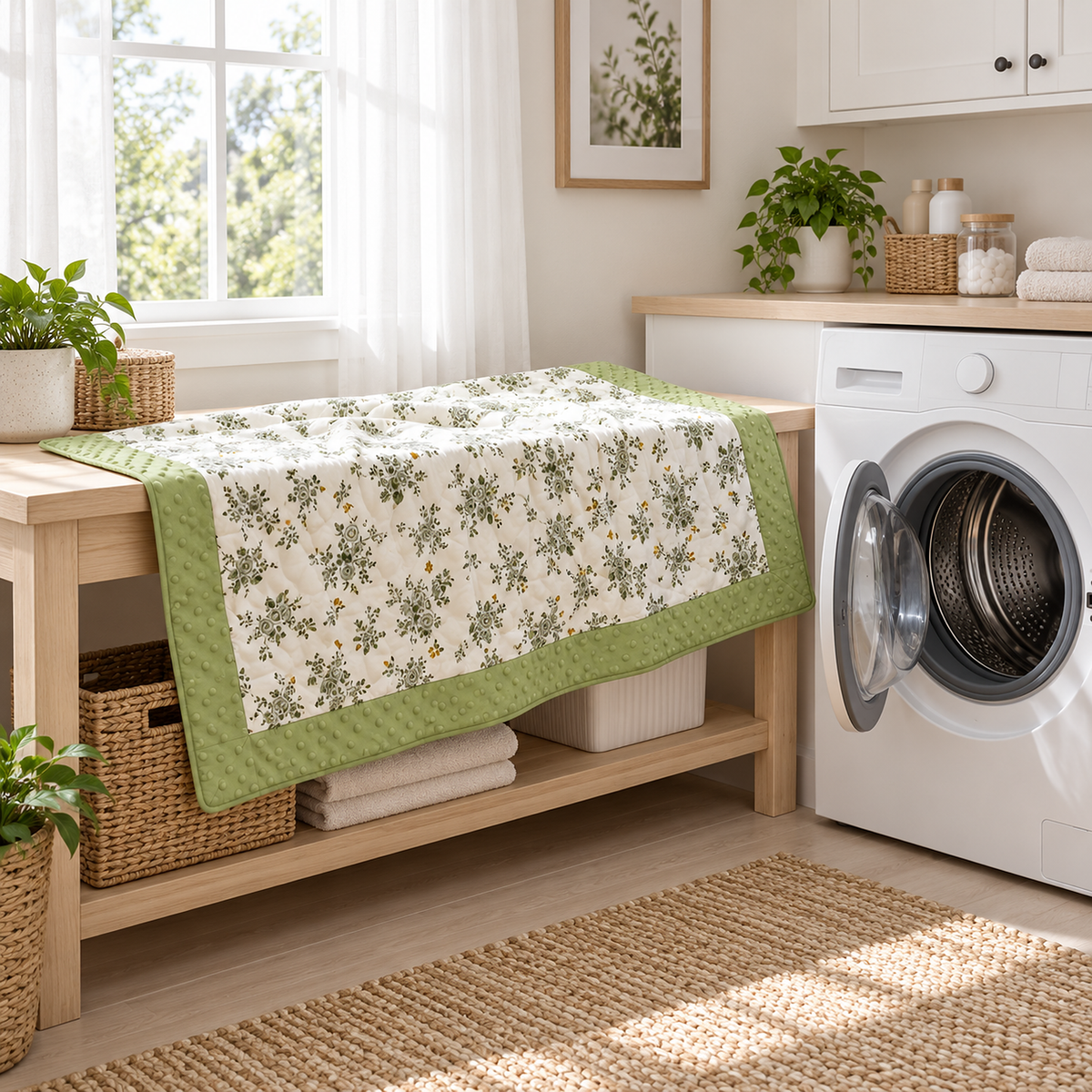 Olmesa floral cotton summer quilt, white and green throw blanket ready beside an open washing machine