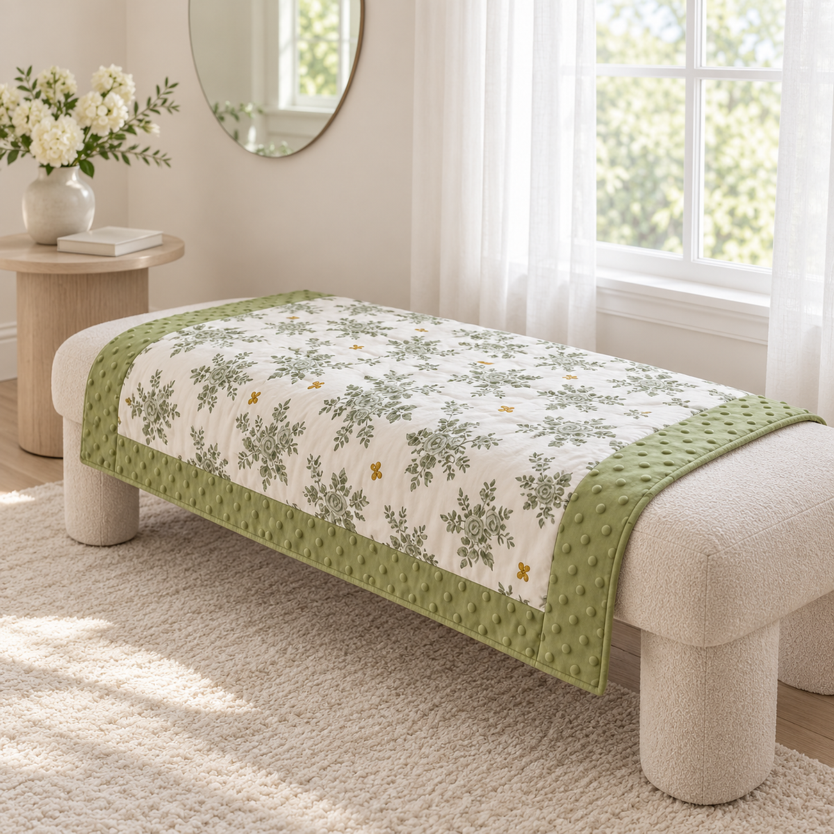 Olmesa floral cotton summer quilt, white and green lightweight throw blanket edge hanging over an upholstered bench
