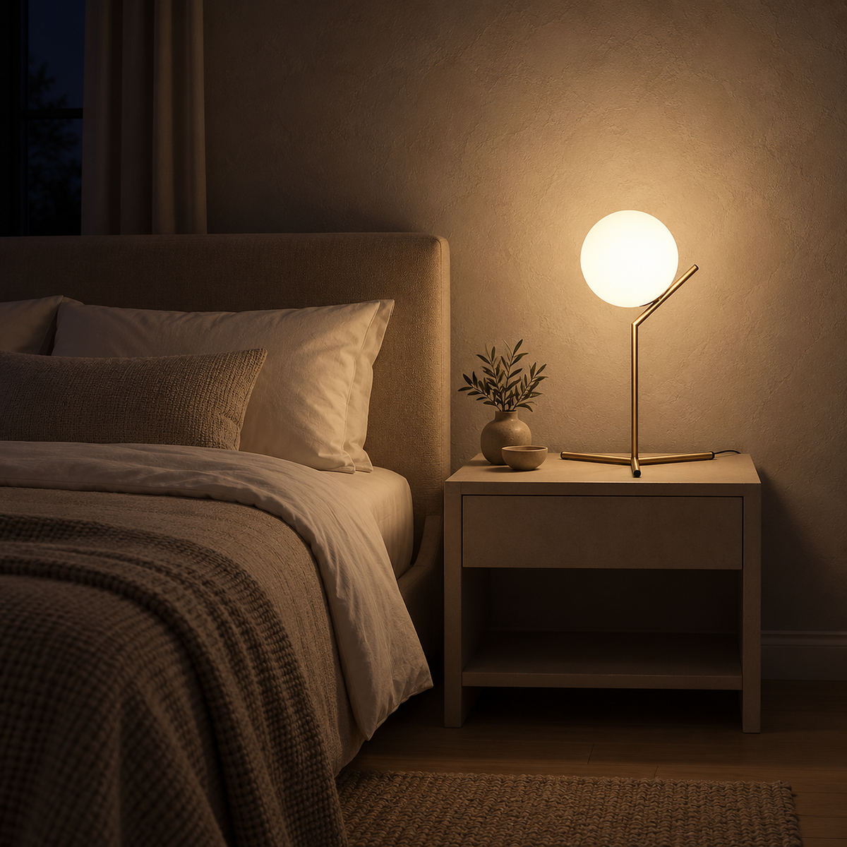 Olvarena gold bedside lamp glowing beside a made bed in a bedroom at night