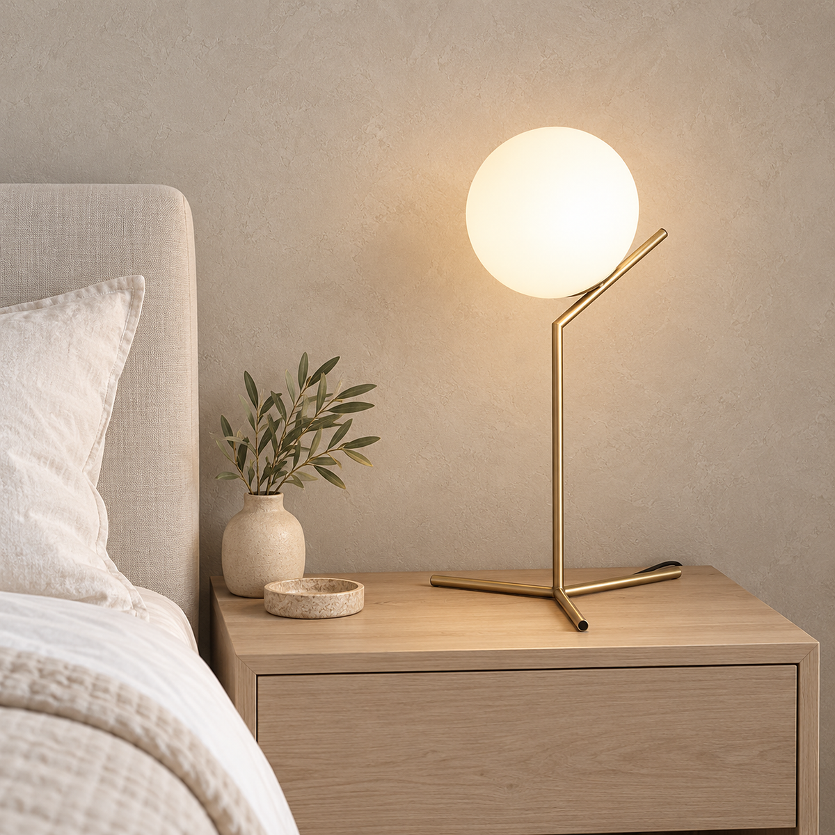 Olvarena bedside lamp with a gold tone body glowing beside ivory bedding in a sunlit guest sleeping alcove