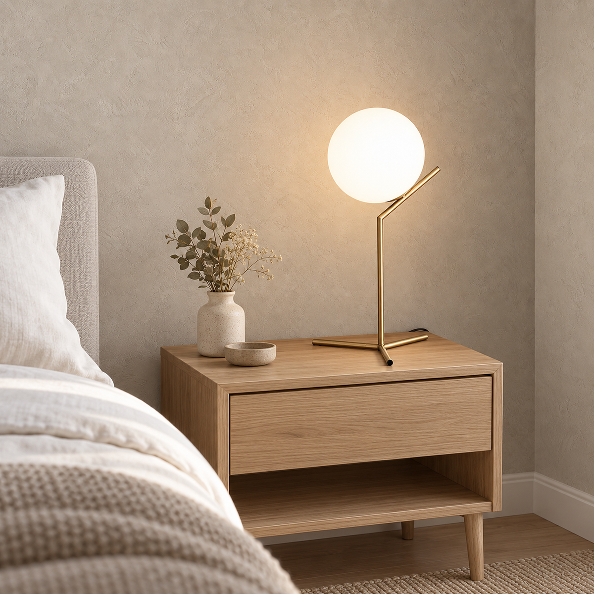 Olvarena bedside table lamp in a gold tone finish with its 150 cm cord running behind the base on a nightstand