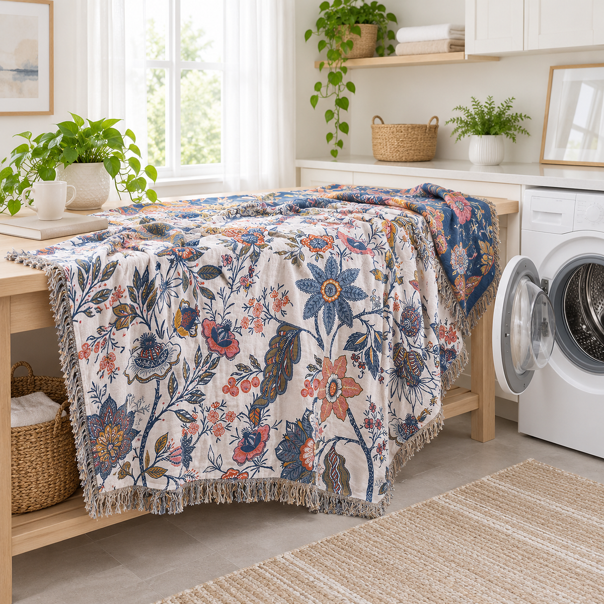 Olvenira cream floral cotton throw blanket ready for machine washing beside an open home washer