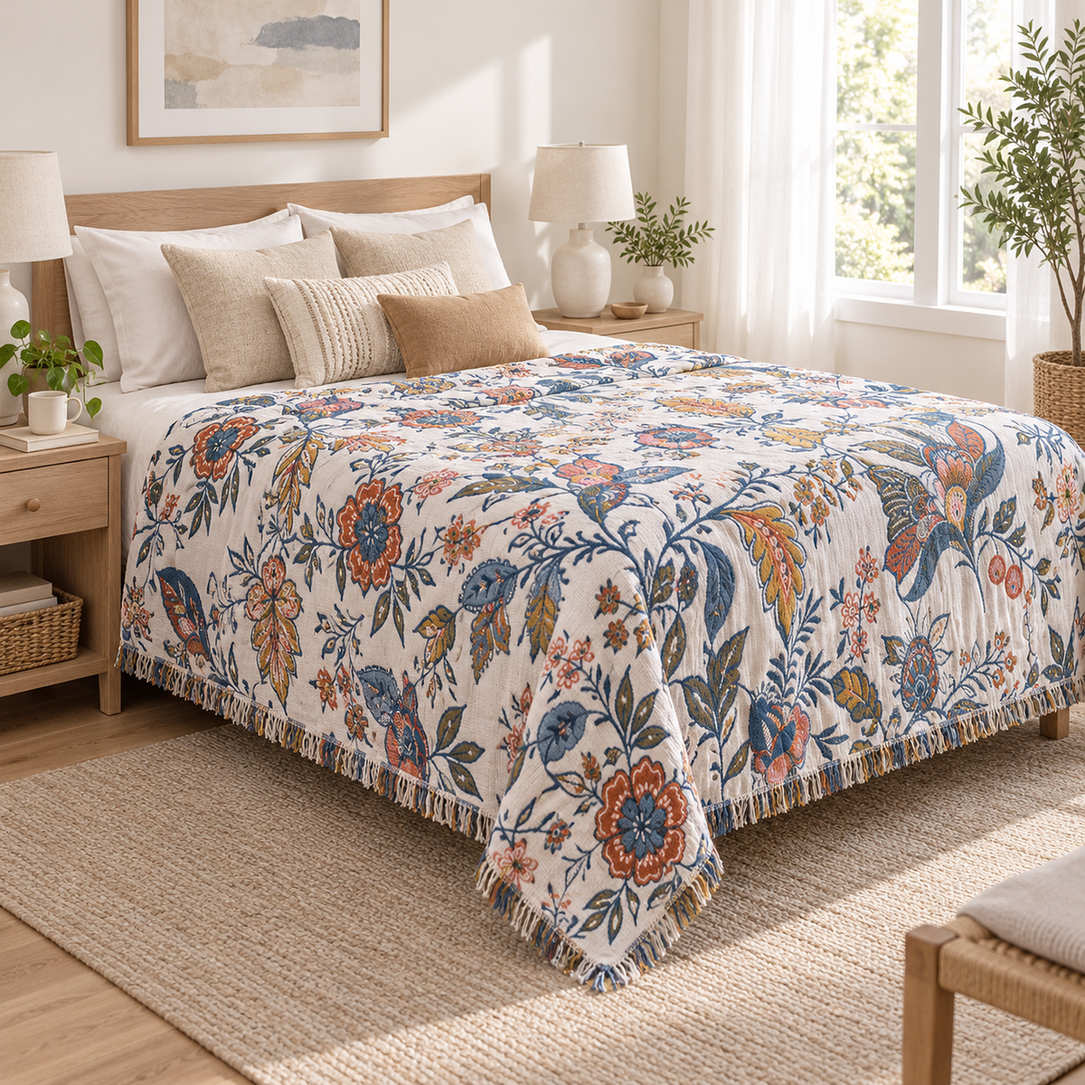 Olvenira cream floral oversized throw blanket at 79 by 91 inches covering the top of a queen bed in a guest room