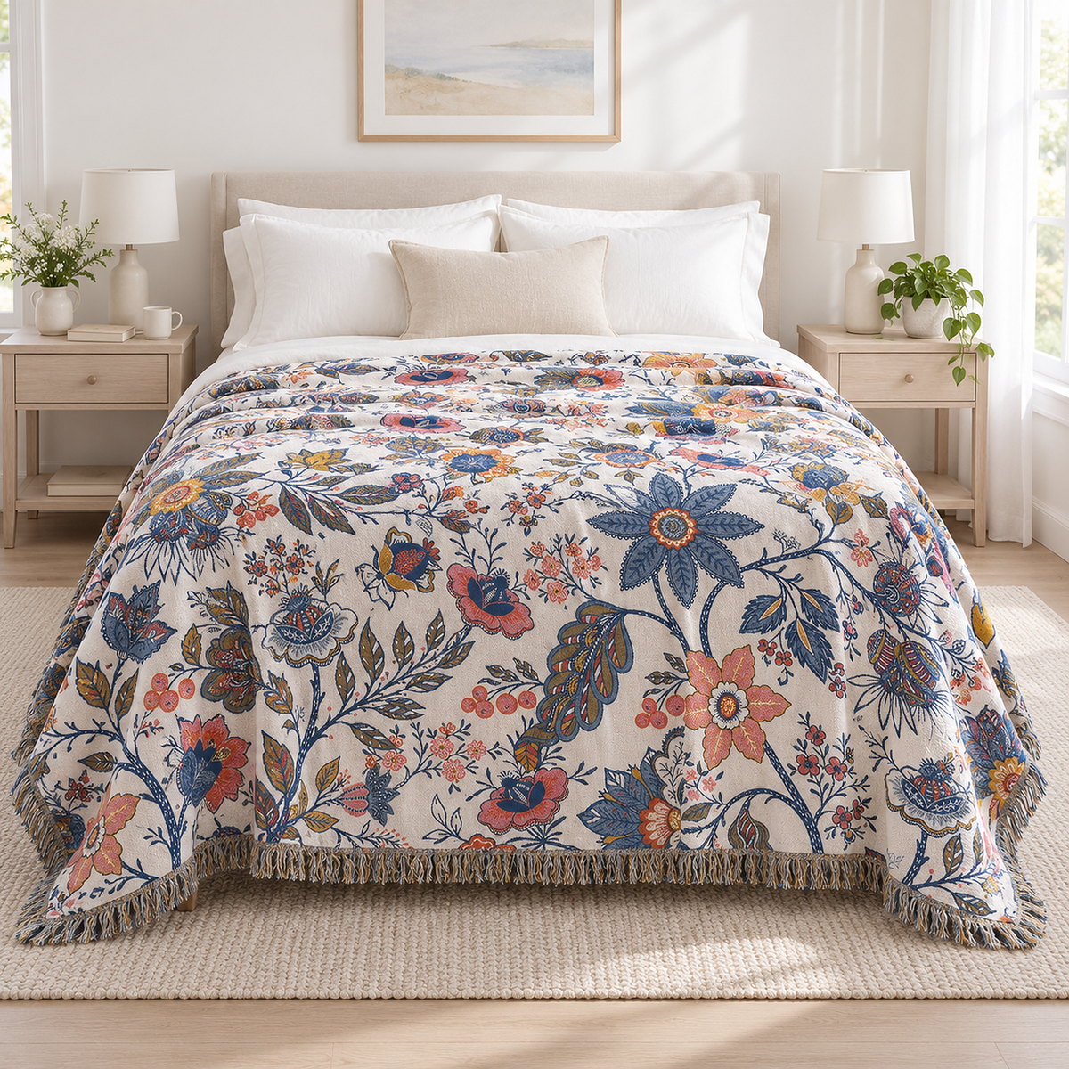 Olvenira cream floral oversized throw blanket centered on a pale ash queen bed as a bedspread with both side drops