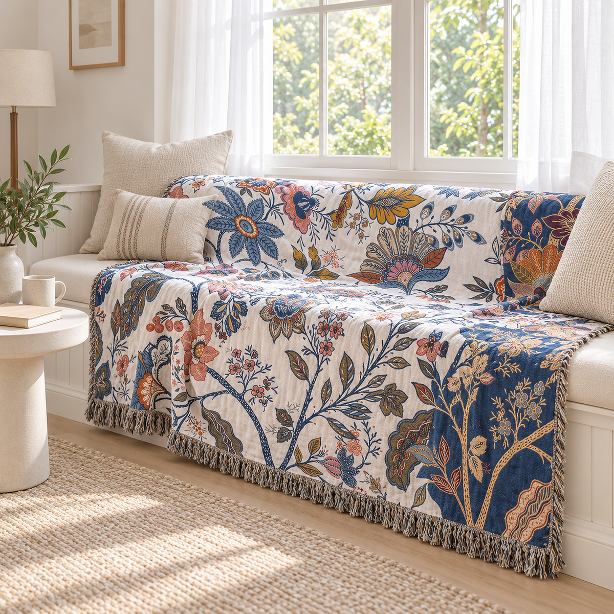 Olvenira cream floral soft throw blanket draped over a bright window seat in a reading alcove