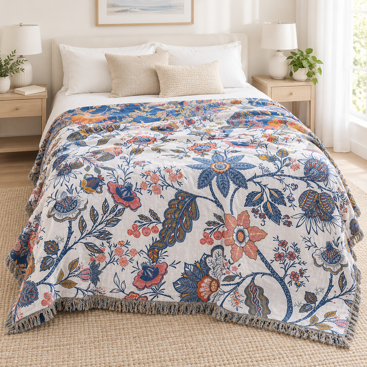 Olvenira cream floral soft throw blanket spread across a plain ivory queen bed in daylight
