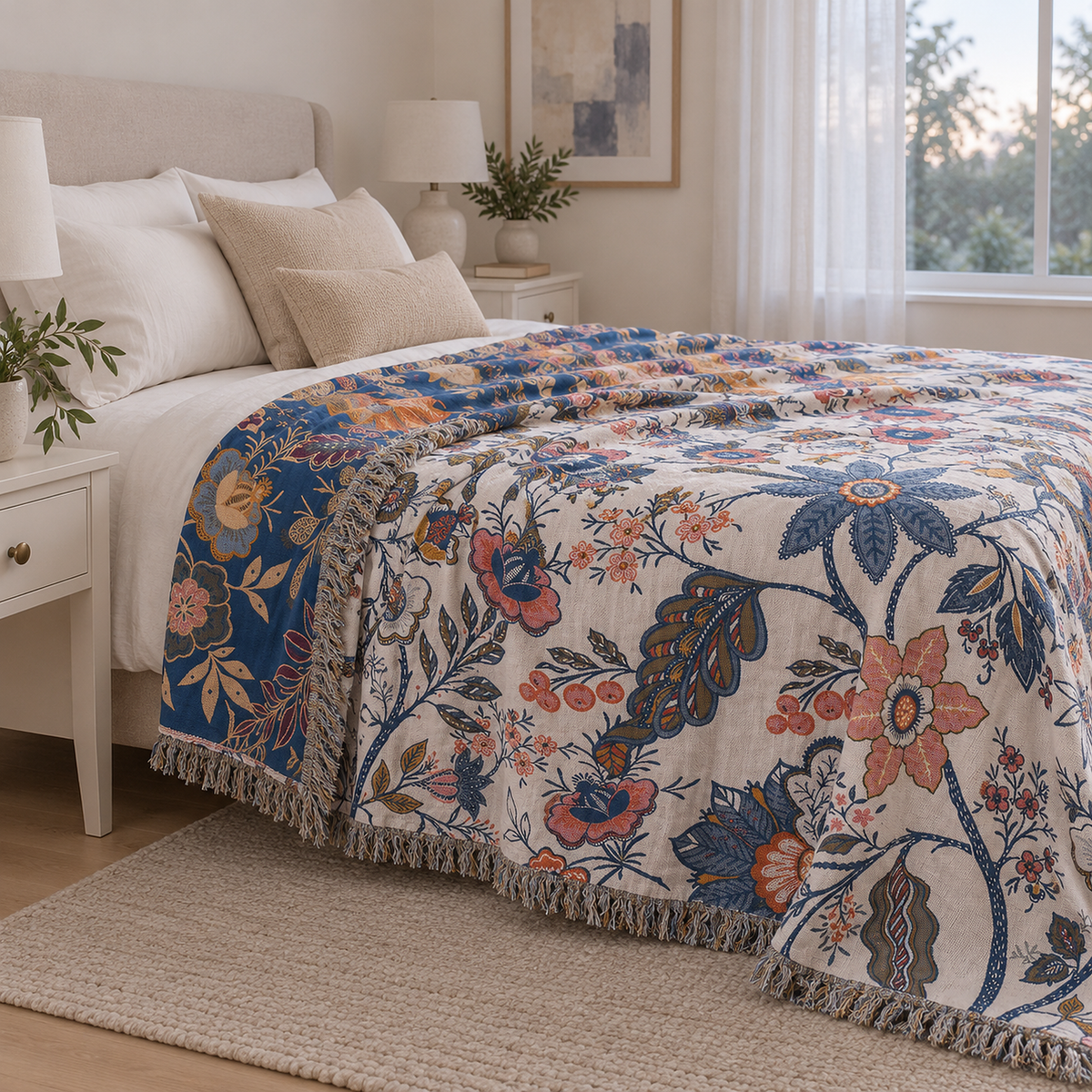 Olvenira cream floral throw blanket used as a lightweight queen bedspread hanging past a guest mattress