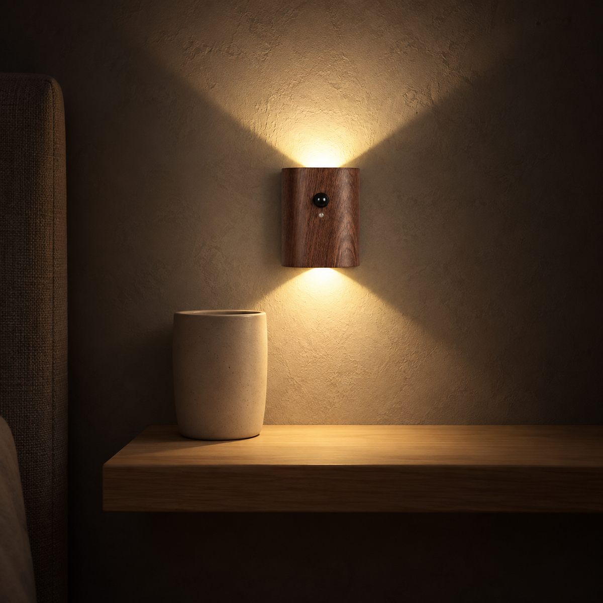 Orimane dark wood battery operated wall sconce lighting a bedside shelf at night