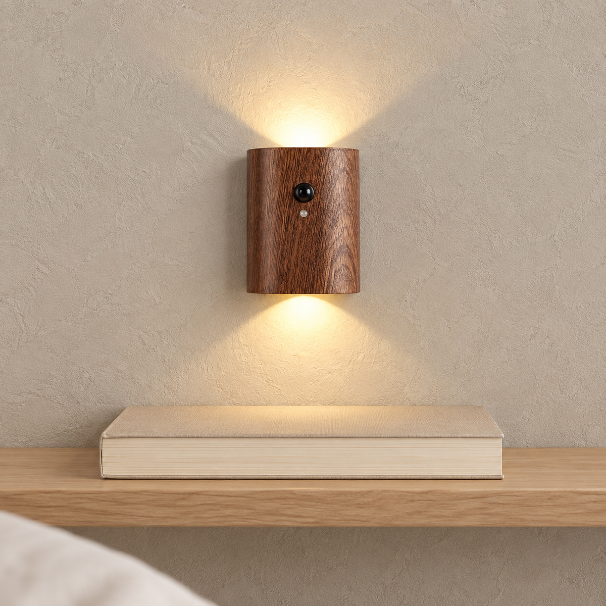 Orimane dark wood bedside wall light casting warm light above a closed paperback in a bedroom