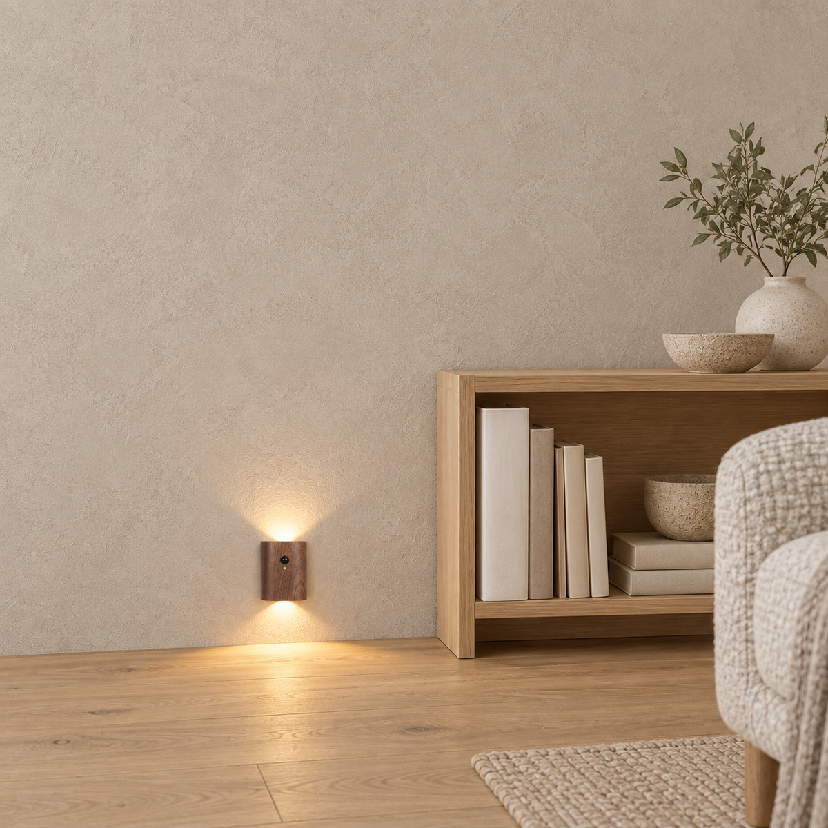 Orimane dark wood bedside lamp washing warm light beside a low pale book shelf in daylight