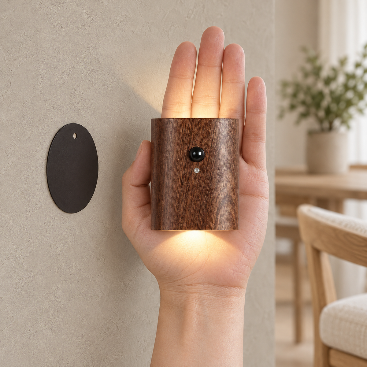 Orimane dark wood cordless wall lamp held beside its magnetic wall mounting sheet