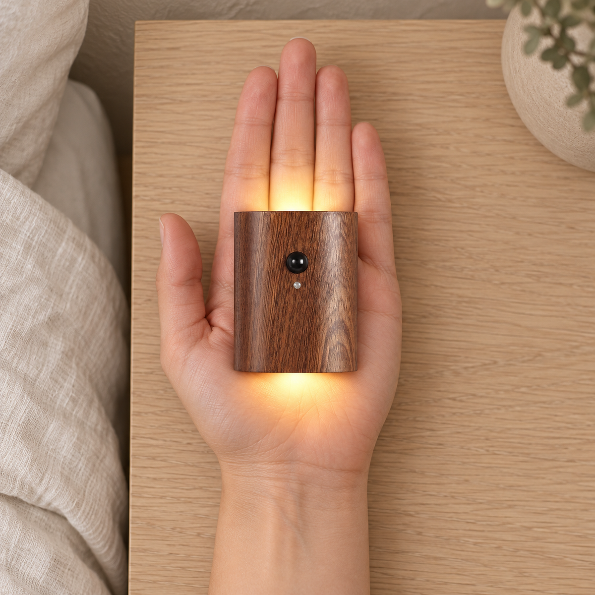 Orimane dark wood cordless wall lamp resting in an open hand with its sensor visible