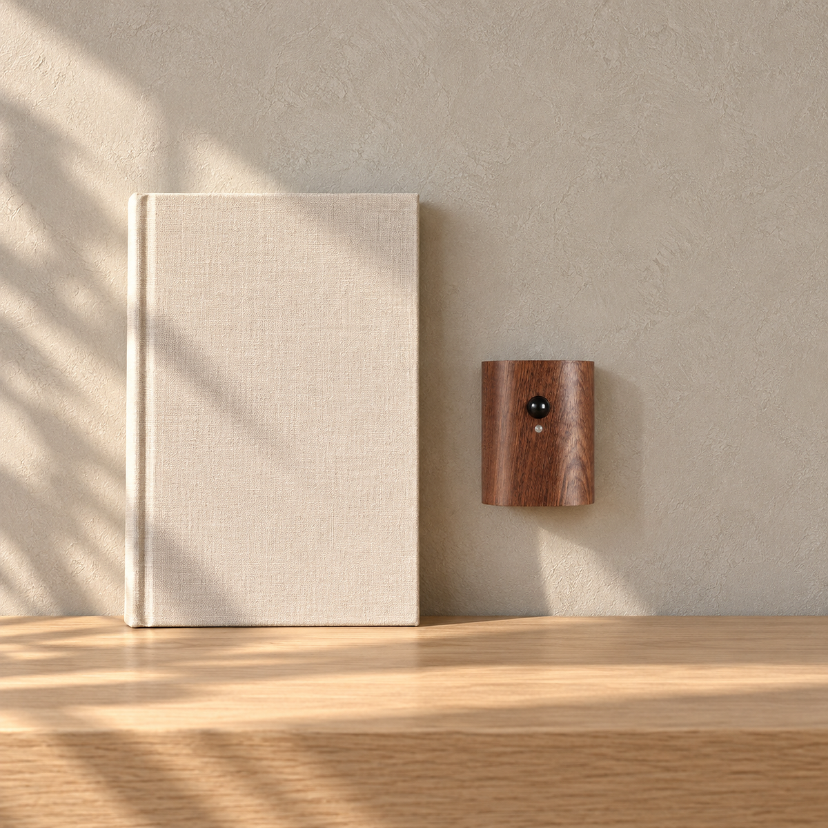 Orimane dark wood cordless wall lamp switched off beside a book on a sunlit entry console