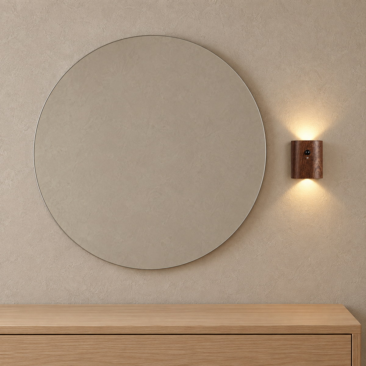 Orimane dark wood wireless wall light adding warm ambient glow beside a dressing mirror