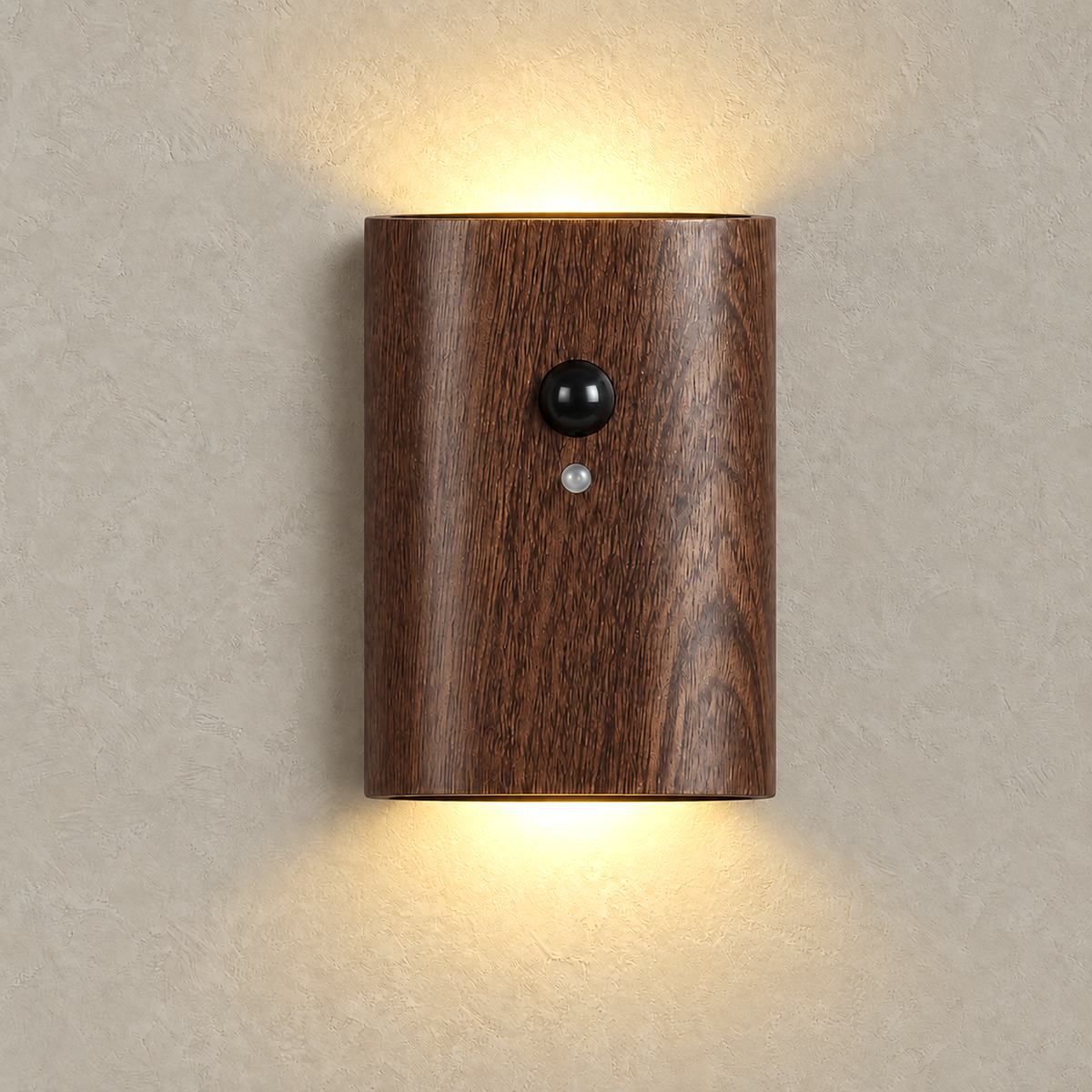 Orimane dark wood wireless wall light with both of its outlets glowing warm