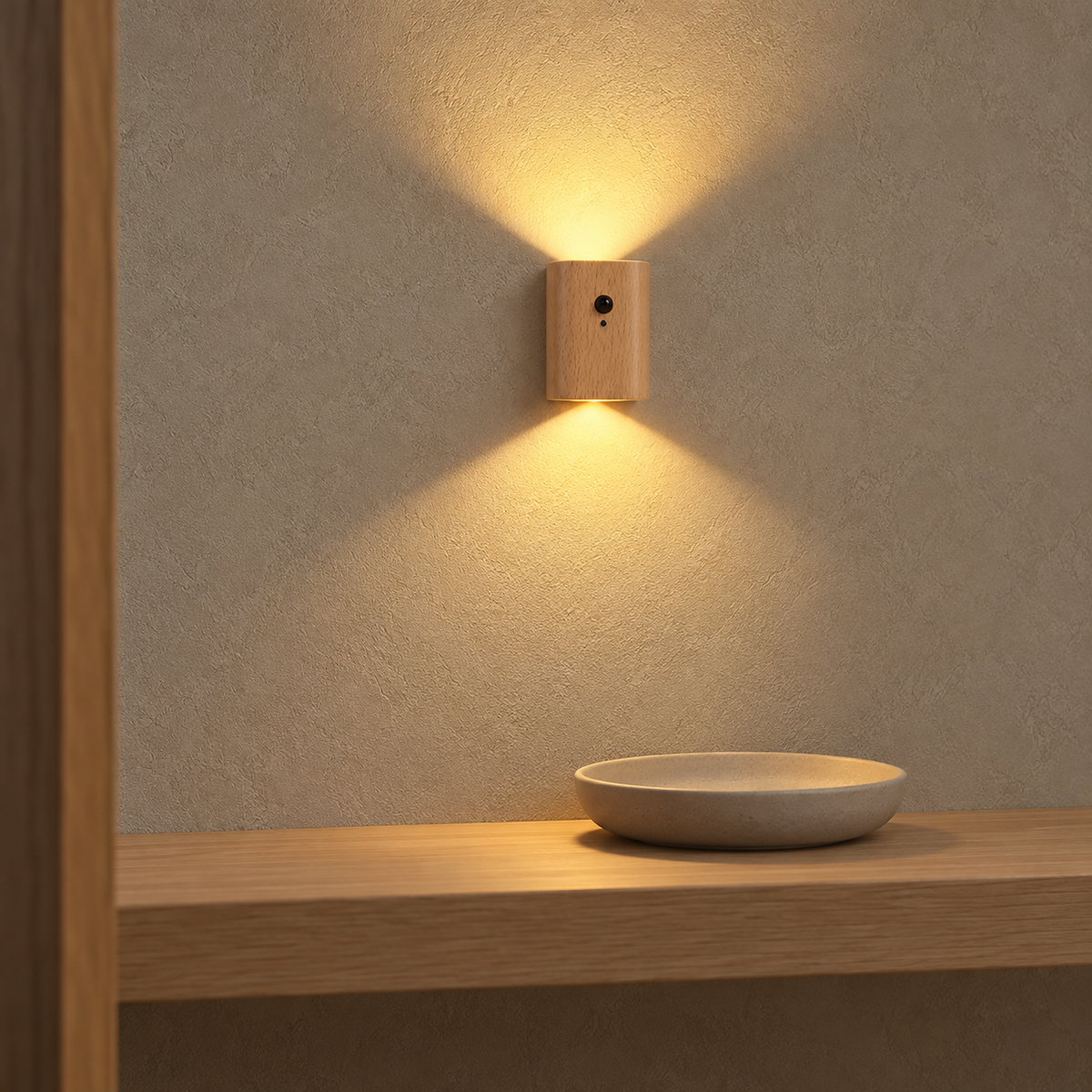 Orimane light wood battery operated wall sconce casting warm pools of light above an entry shelf #color_light wood