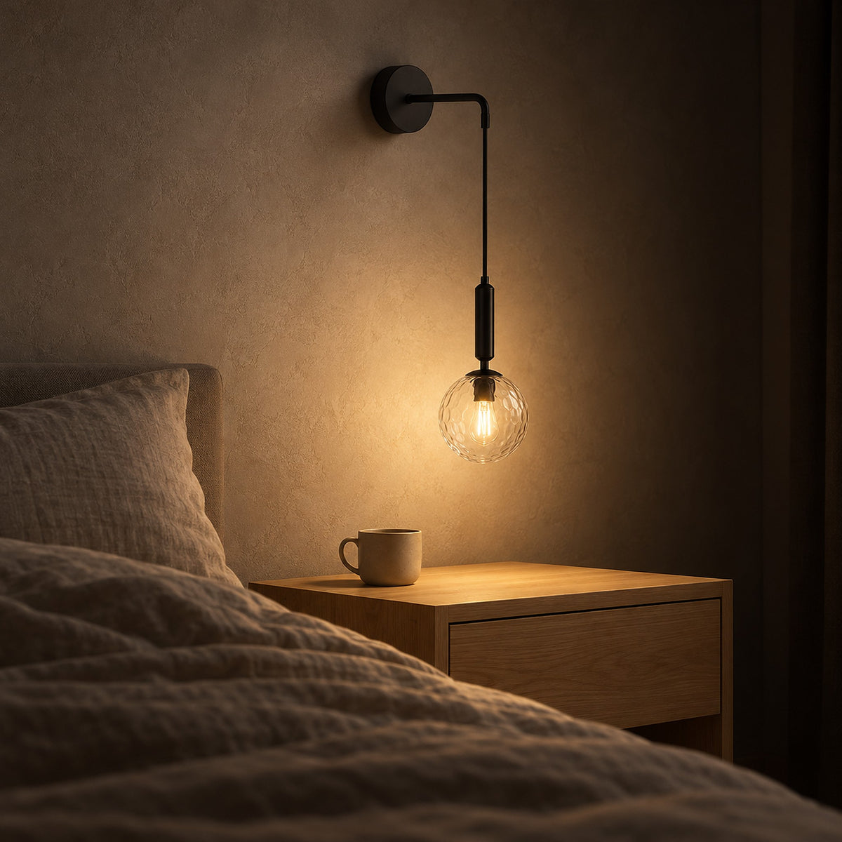 Orlamen black wall lamp hung by the bed, its glass globe lighting a cup of tea after dark