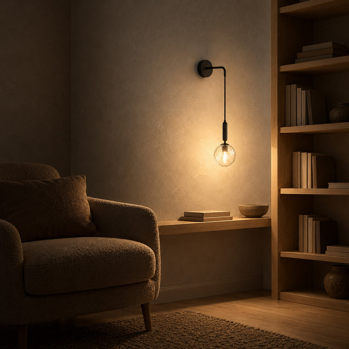 Orlamen black wall light glowing beside a study bookshelf at night, its glass globe lit