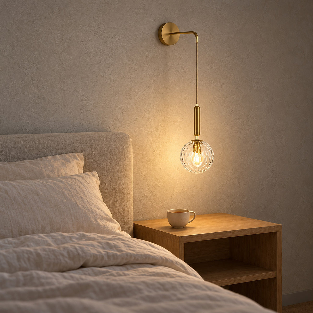 Orlamen gold bedside wall light switched on above a nightstand with space left for tea #color_gold