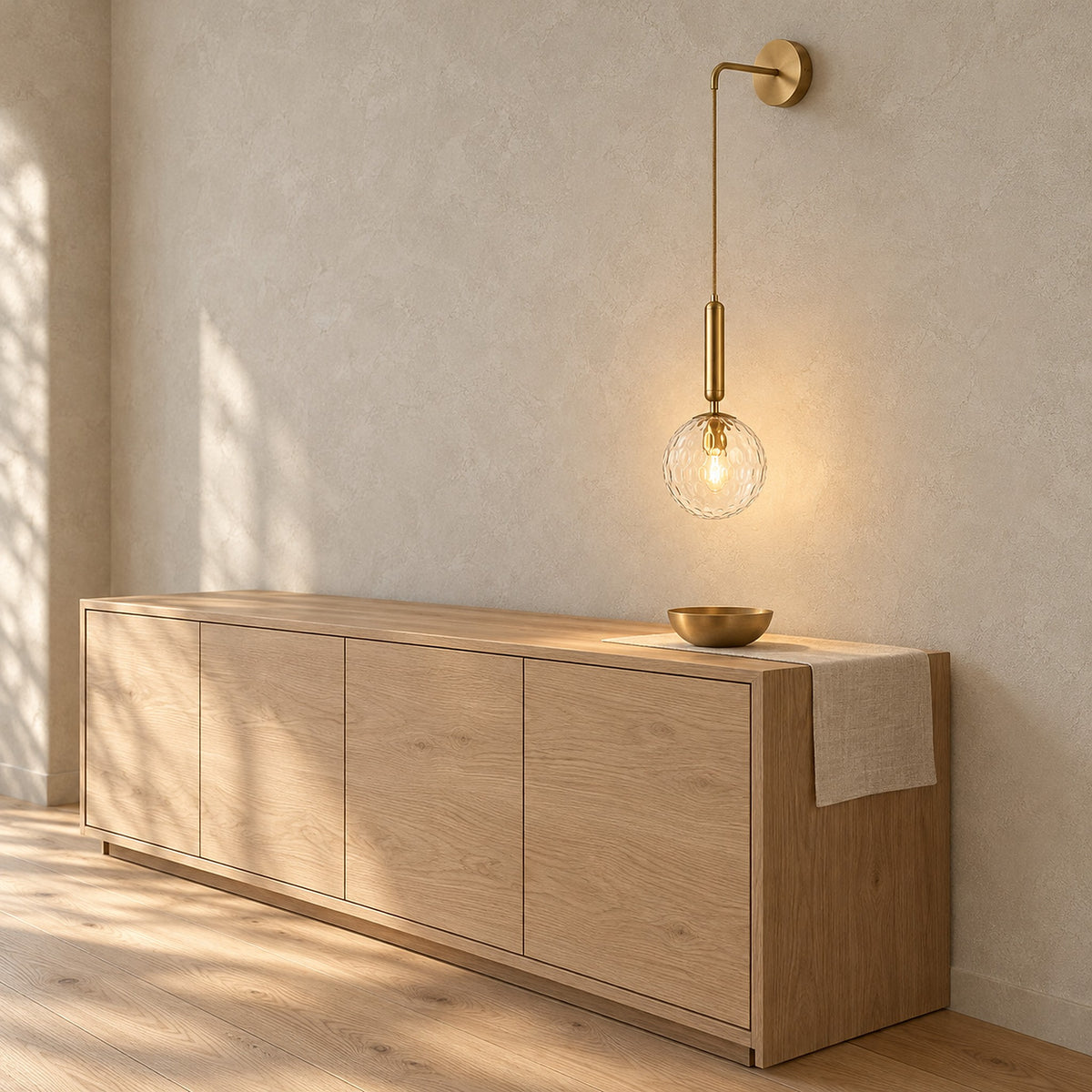 Orlamen gold wall lamp glowing in a daylit dining room next to matching gold accents #color_gold