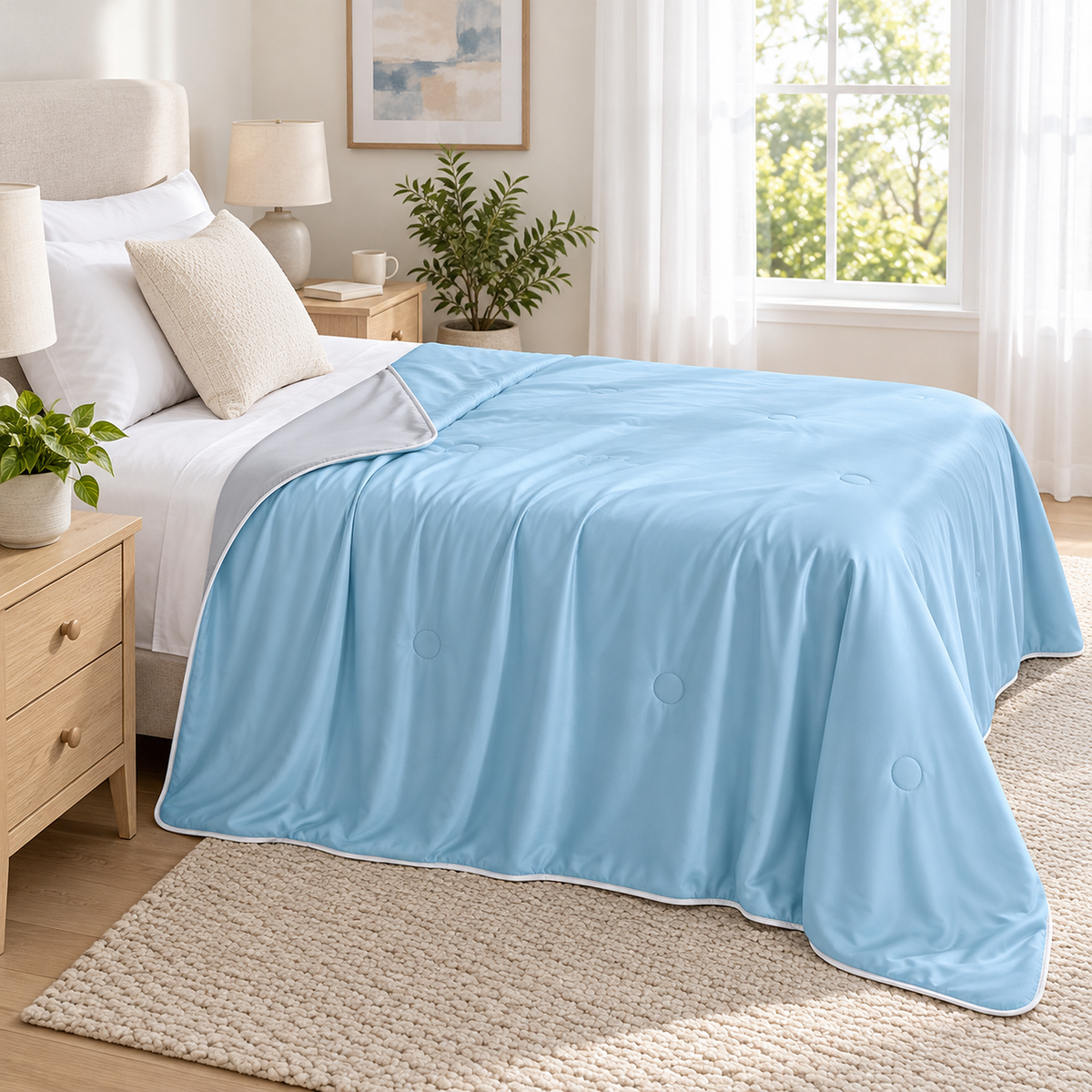 Ormivel sky blue cooling blanket in twin size hanging down both sides of a single bed in a guest room