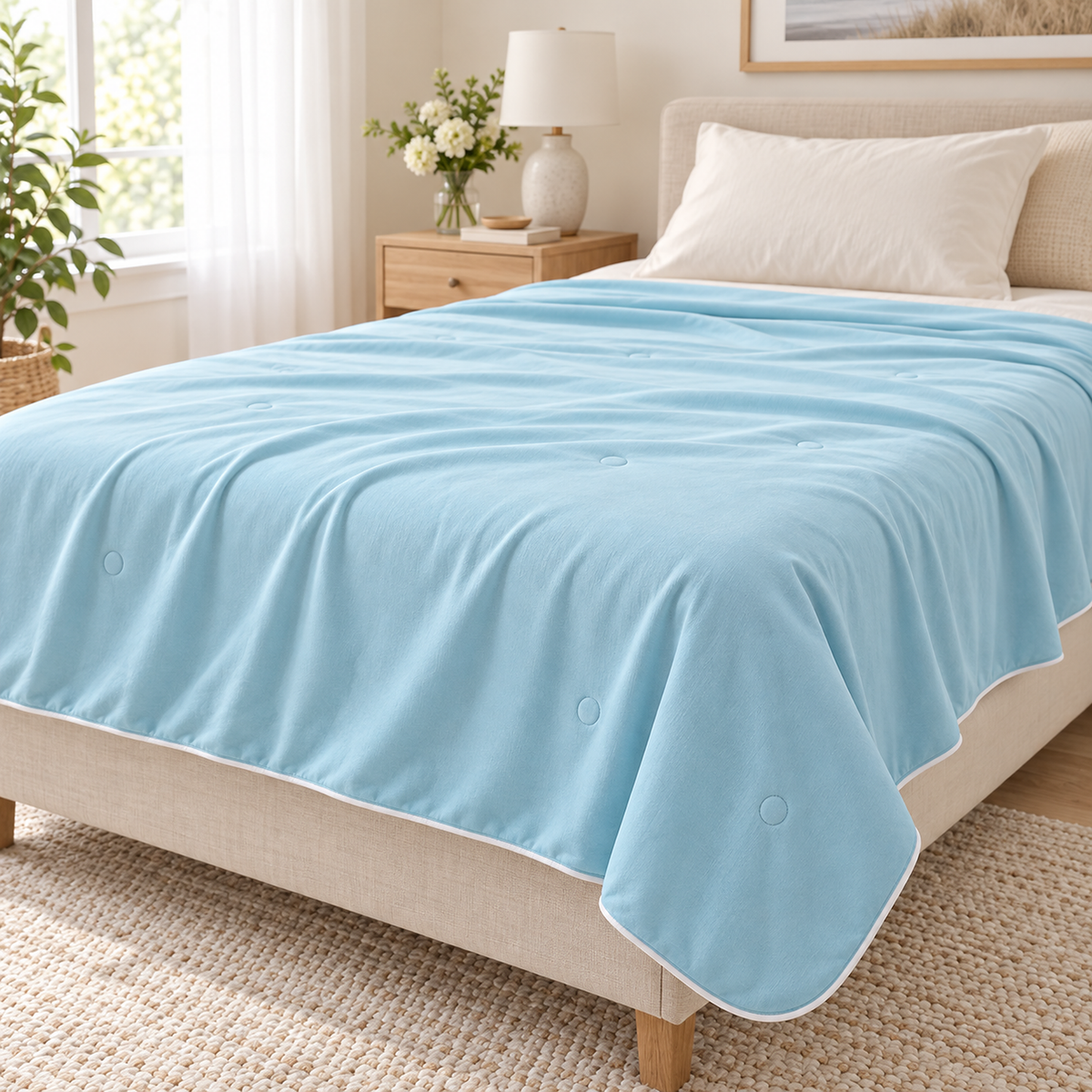 Ormivel sky blue knit throw blanket corner showing the seamed edge up close