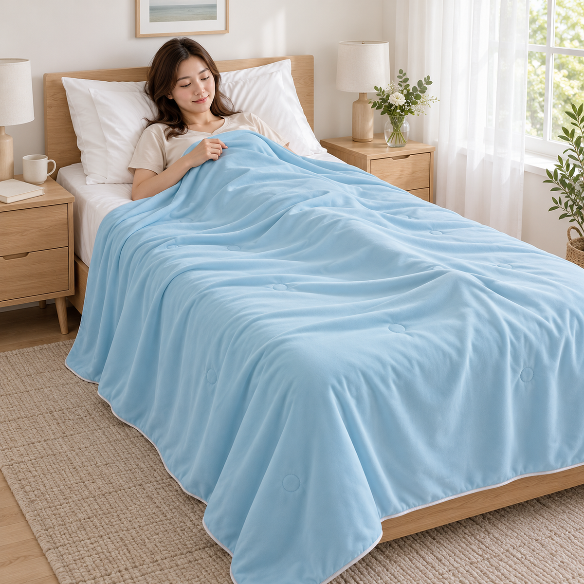 Ormivel sky blue knit throw blanket with cooling fabric covering an adult resting in a daylit bedroom